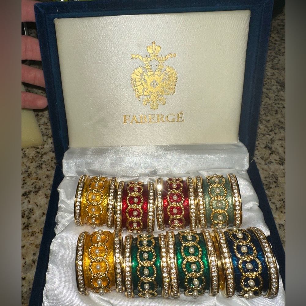 Beautiful Vintage Faberge Crystal & Enamel Napkin Ring Holders Set Of 8 m60